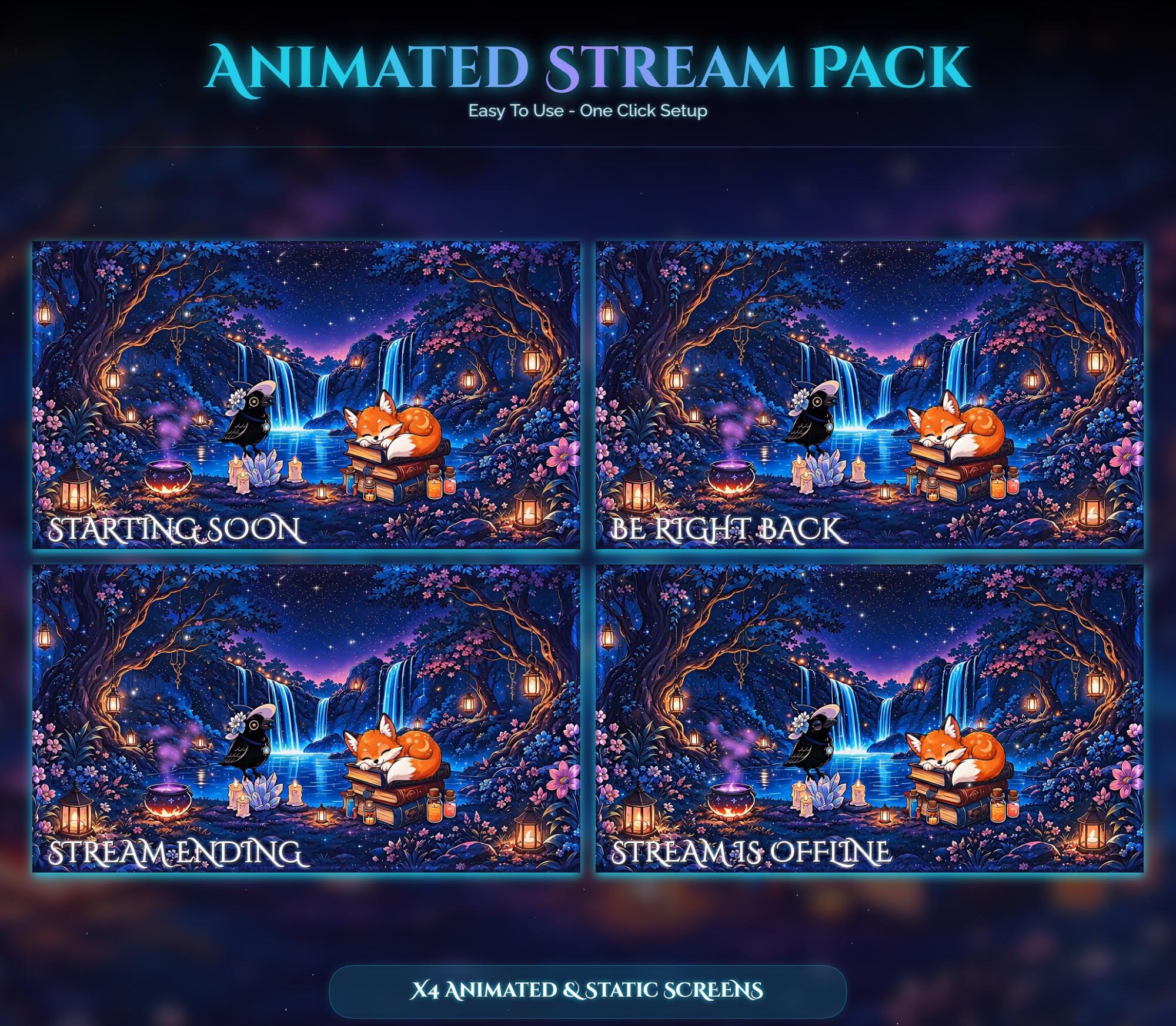 Animated Stream Pack: Spooky Raven Fox Forest Magic Overlays (Digital Download) — preview photo 2