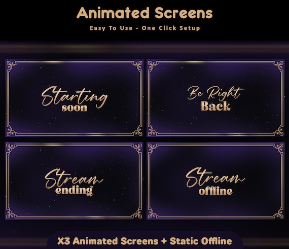 Royal Purple Night Animated Screens — animated frog and woodland animal stream overlay pack for Twitch, YouTube, Kick and TikTok, with Starting Soon, BRB and Ending screens, alerts and panels