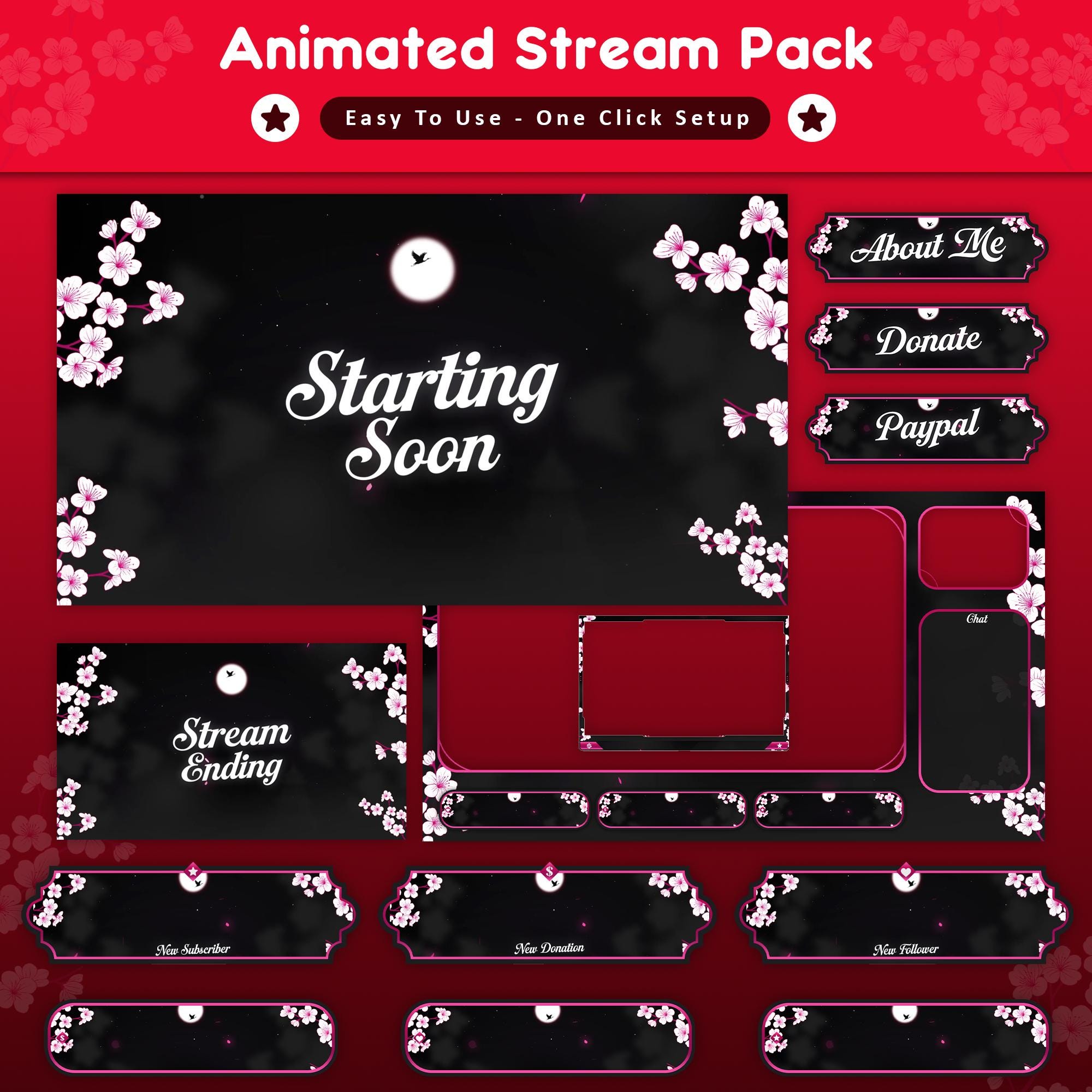 Cherry Blossom Animated Stream Package: Twitch Overlay, YouTube, Kick