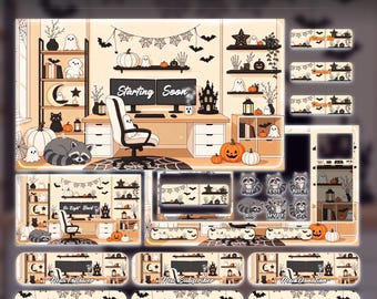 Minimalist Halloween Twitch Overlay Pack Animated | Cute Raccoon Cream Office Stream Bundle | Beige Ghost Bat Screens Alerts