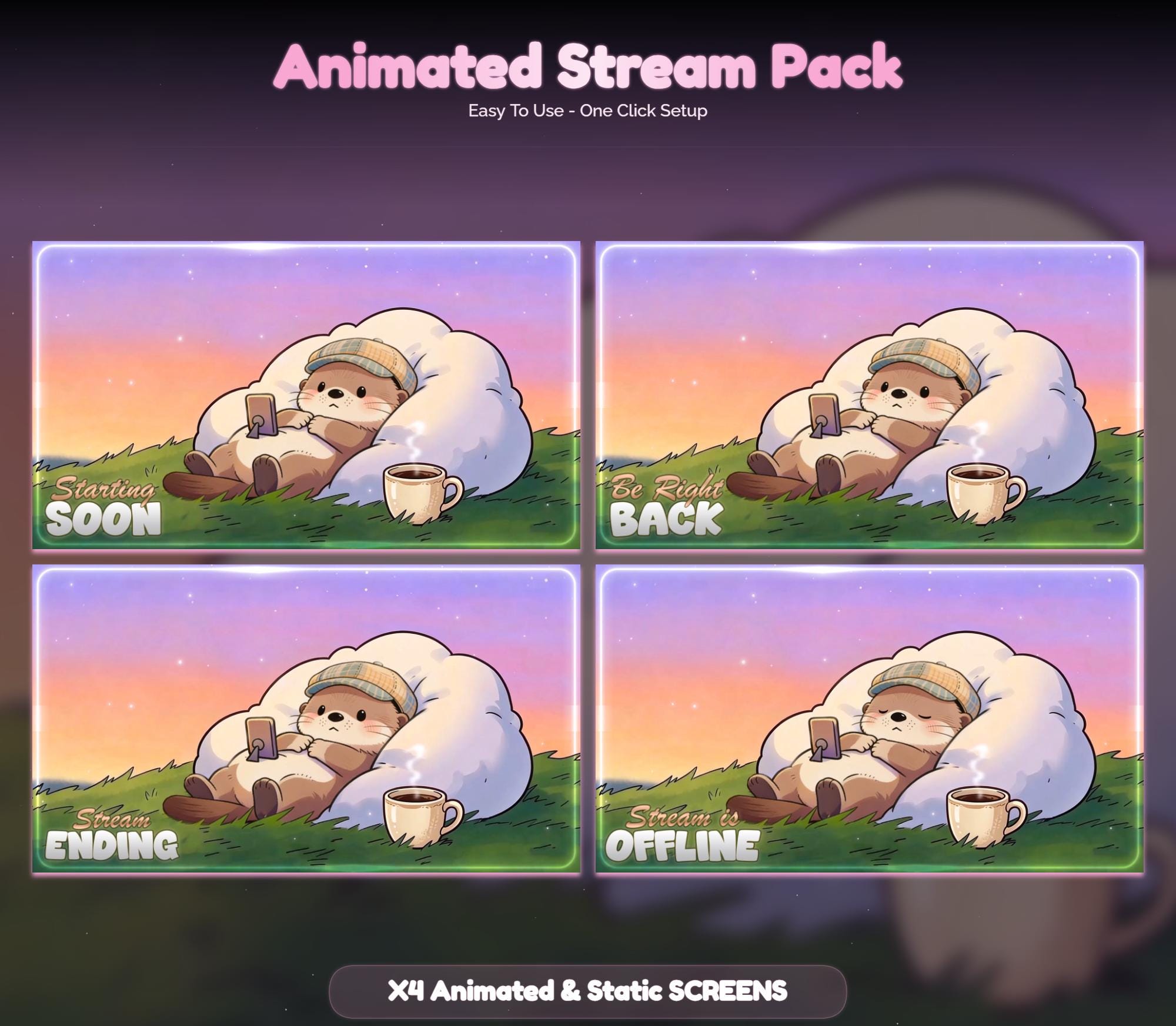 Lofi Sunset Otter Overlay Animated Stream Package: Cozy — preview photo 2