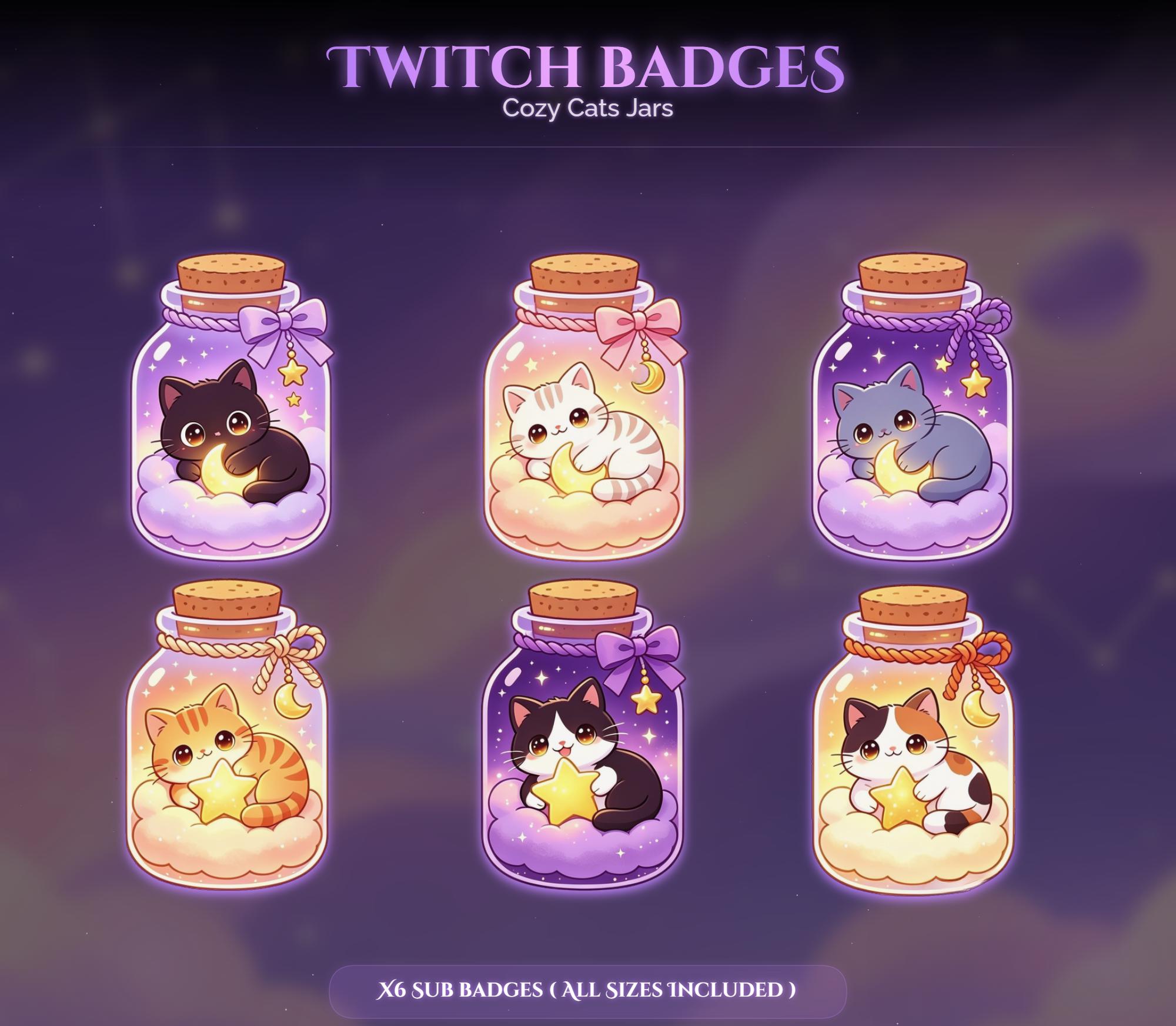 Cozy Cats Jars Twitch Sub Badges — animated cat stream overlay pack for Twitch, YouTube, Kick and TikTok, with Starting Soon, BRB and Ending screens, alerts and panels