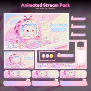 Könnte beinhalten: Ein animiertes Stream-Paket in Pastellrosa und Blau mit einem marienkäferförmigen Computermonitor, der ein weißes Kätzchen zeigt. Das Set enthält Overlays mit Texten wie Starting Soon, Stream is Offline, YouTube, Wishlist und Website.