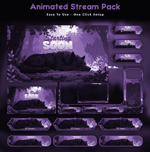 Forest Wolf Animated Stream Package: Purple Twitch Overlay, YouTube, Kick - animated sakura and Japanese stream overlay pack for Twitch, YouTube, Kick and TikTok, with Starting Soon, BRB and Ending screens, alerts and panels