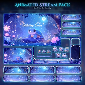 Puede incluir: Un paquete de stream animado con un tema azul y morado. Incluye un personaje de tortuga, elementos florales y texto que dice "Starting Soon", "Stream is Offline", y botones de redes sociales.