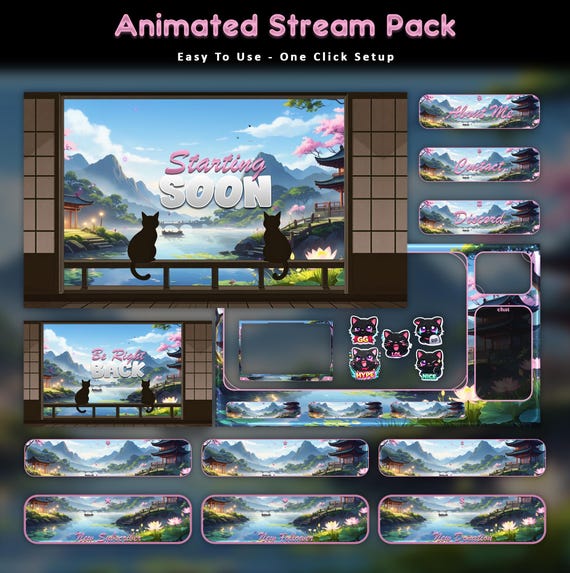 Mid-day Cats Sakura Animated Stream Package — animated cat stream overlay pack for Twitch, YouTube, Kick and TikTok, with Starting Soon, BRB and Ending screens, alerts and panels