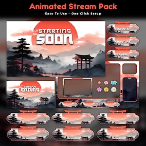 Può includere: Pacchetto di streaming animato a tema giapponese. Il design presenta un sole rosso, montagne e architettura tradizionale. Include schermate "Starting Soon" e "Stream Ending", più pulsanti.