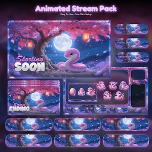 May include: An animated stream pack with a fantasy theme. The design features a pink snake, a full moon, and a cherry blossom tree. The pack includes overlays for "Starting Soon" and "Stream Ending", along with chat and command boxes.