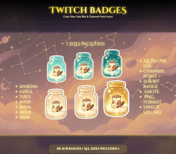 Otter Twitch Sub Badges — animated frog and woodland animal stream overlay pack for Twitch, YouTube, Kick and TikTok, with Starting Soon, BRB and Ending screens, alerts and panels