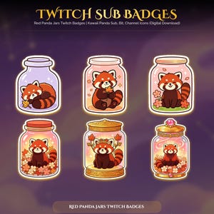 May include: Six digital Twitch sub badges featuring red pandas inside glass jars. The red pandas are depicted in various poses with autumn leaves, flowers, and decorative jar lids. The text reads TWITCH SUB BADGES and RED PANDA JARS TWITCH BADGES.