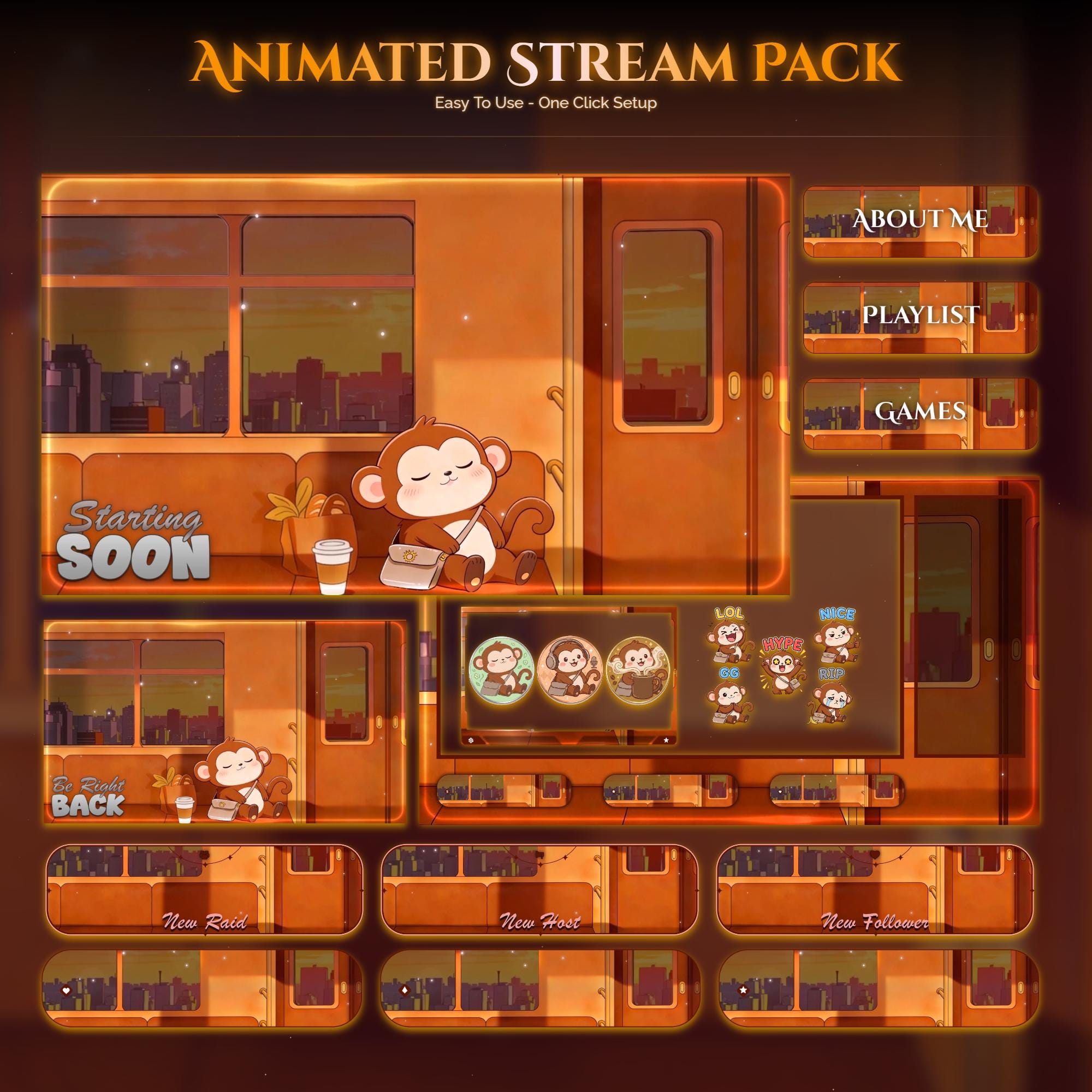 Train Sunset Monkey Overlay Animated Stream Package: For Twitch, YouTube, Kick