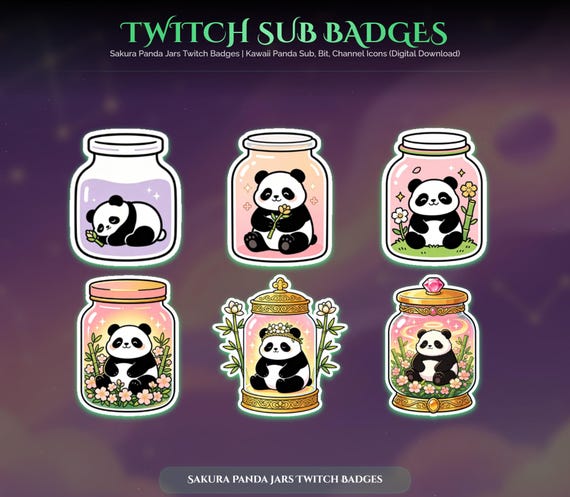 Sakura Panda Jars Twitch Badges — animated bear and panda stream overlay pack for Twitch, YouTube, Kick and TikTok, with Starting Soon, BRB and Ending screens, alerts and panels