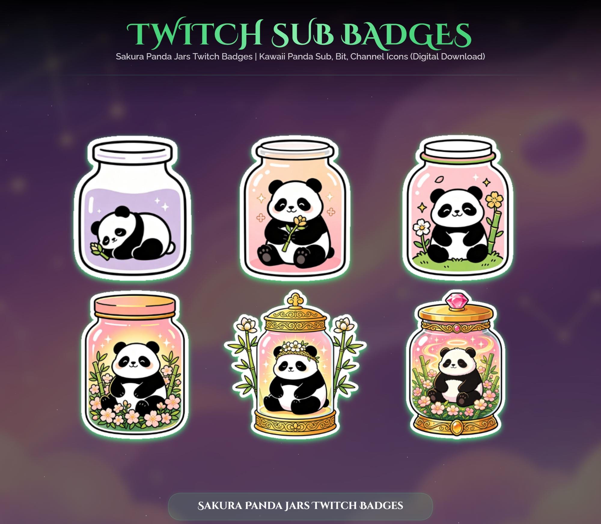 Sakura Panda Jars Twitch Badges — animated bear and panda stream overlay pack for Twitch, YouTube, Kick and TikTok, with Starting Soon, BRB and Ending screens, alerts and panels