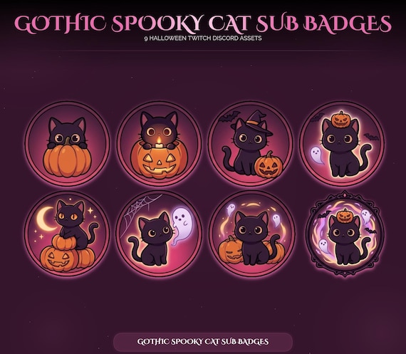 Gothic Halloween Cat Sub Badges — animated seasonal stream overlay pack for Twitch, YouTube, Kick and TikTok, with Starting Soon, BRB and Ending screens, alerts and panels