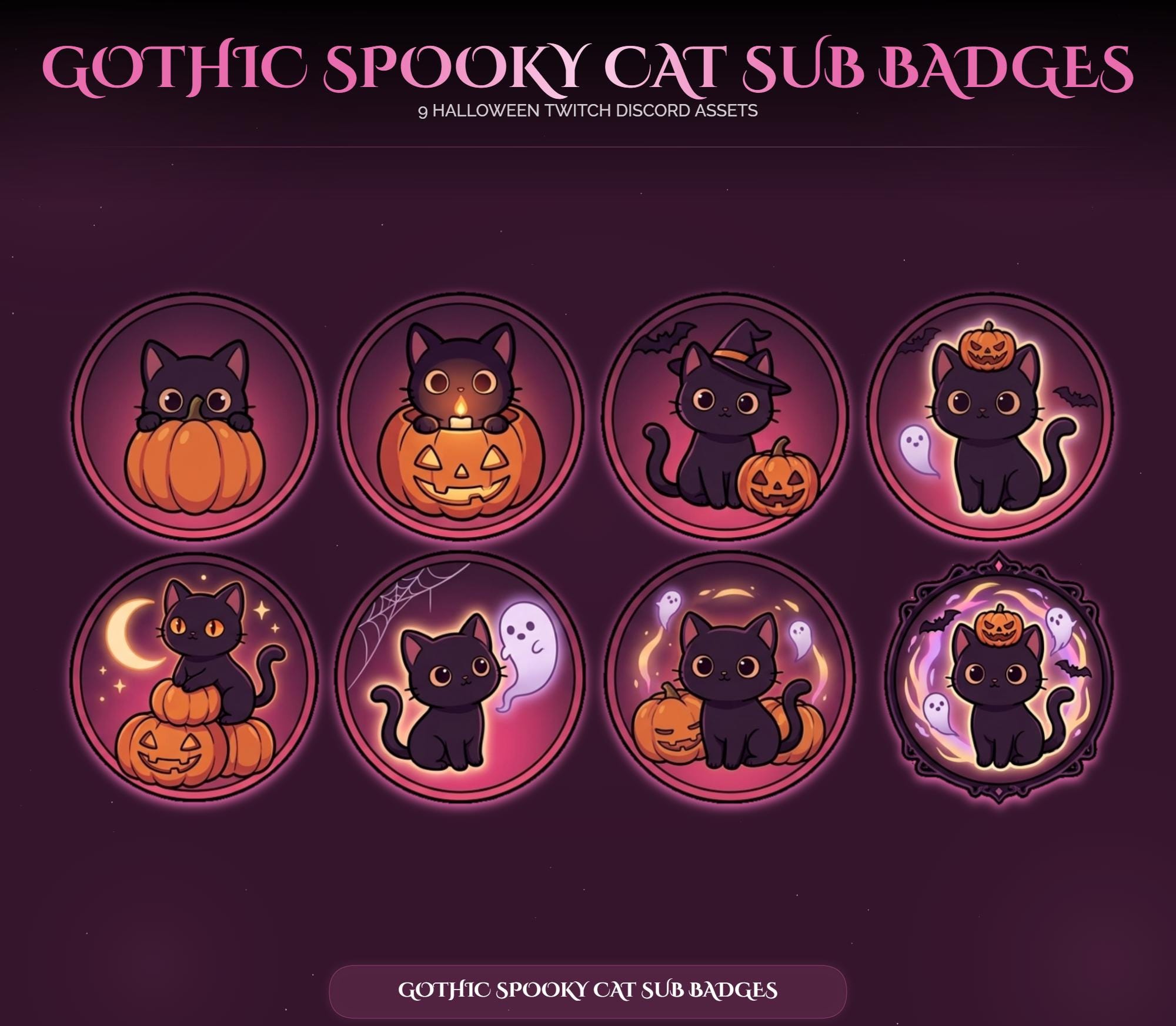 Gothic Halloween Cat Sub Badges — animated seasonal stream overlay pack for Twitch, YouTube, Kick and TikTok, with Starting Soon, BRB and Ending screens, alerts and panels