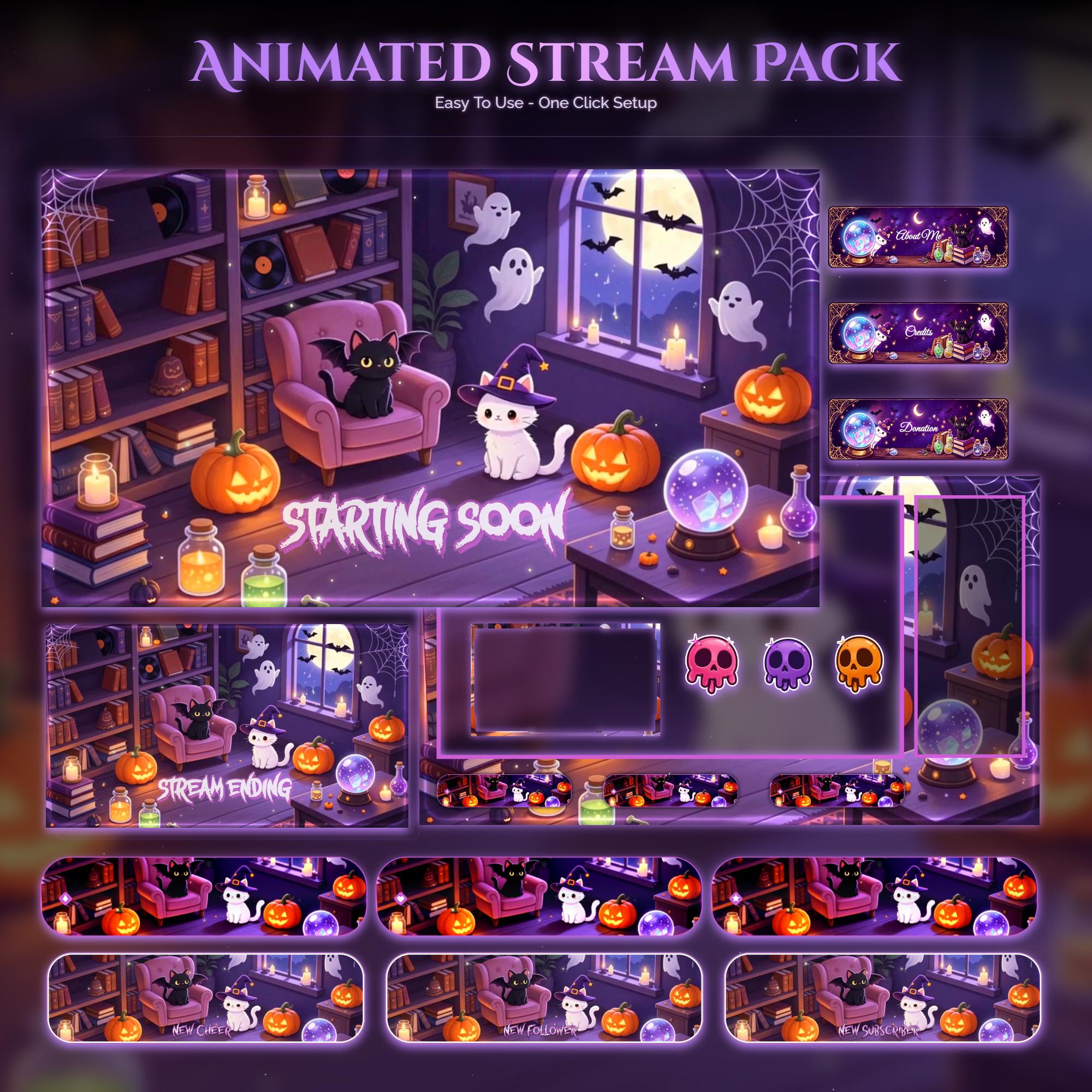 Whimsical Witch's Library Cats Animated Overlay