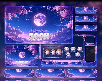 Sakura Moon Animated Stream Pack | Twitch Overlay | YouTube, Kick | Purple Overlays