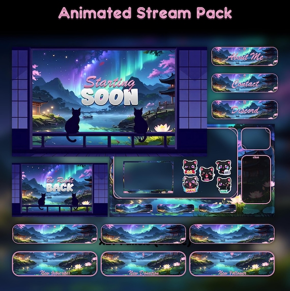 Dream Cats Sakura Animated Stream Package — animated cat stream overlay pack for Twitch, YouTube, Kick and TikTok, with Starting Soon, BRB and Ending screens, alerts and panels