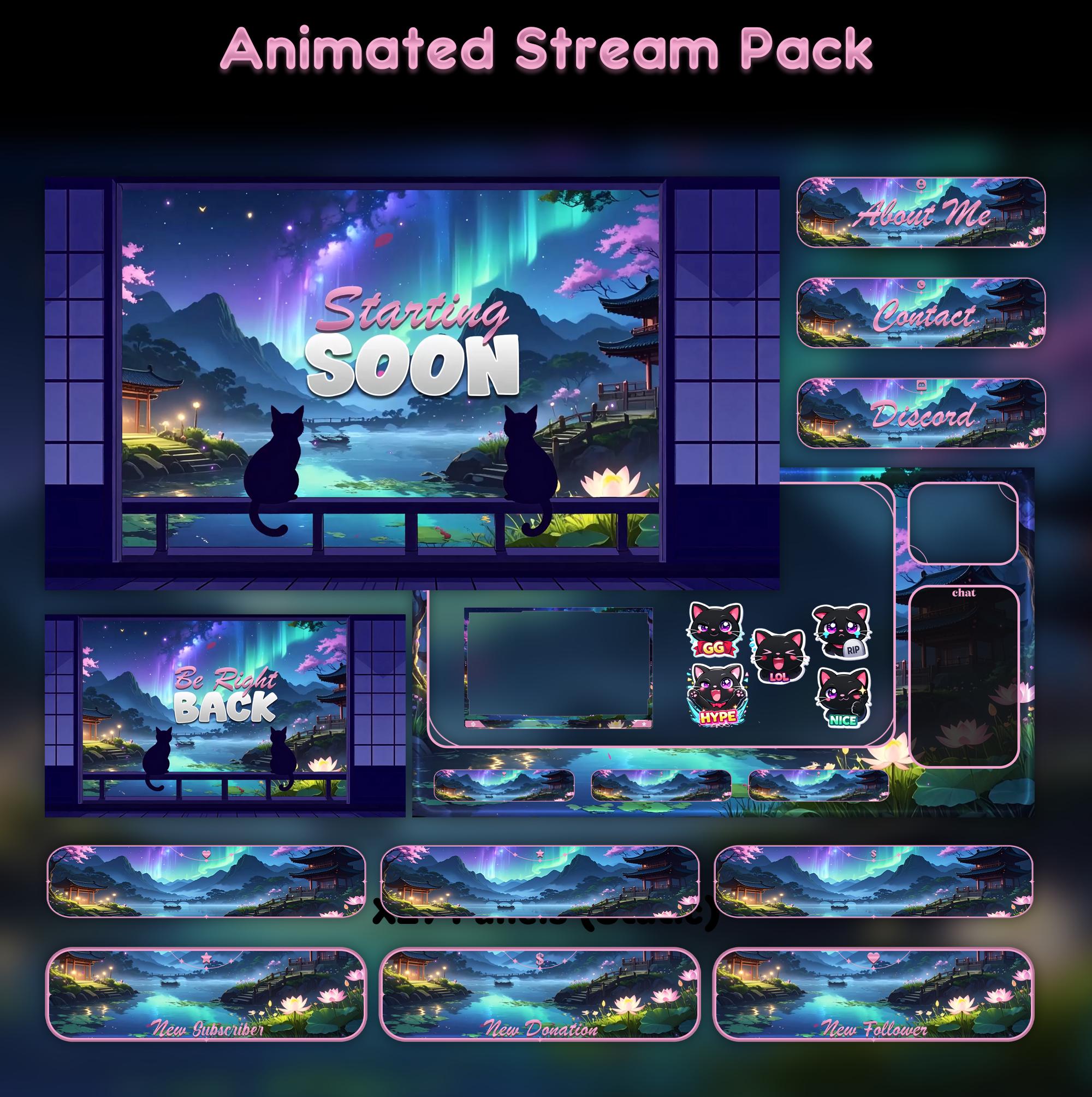 Dream Cats Sakura Animated Stream Package: Twitch Overlay, YouTube, Kick