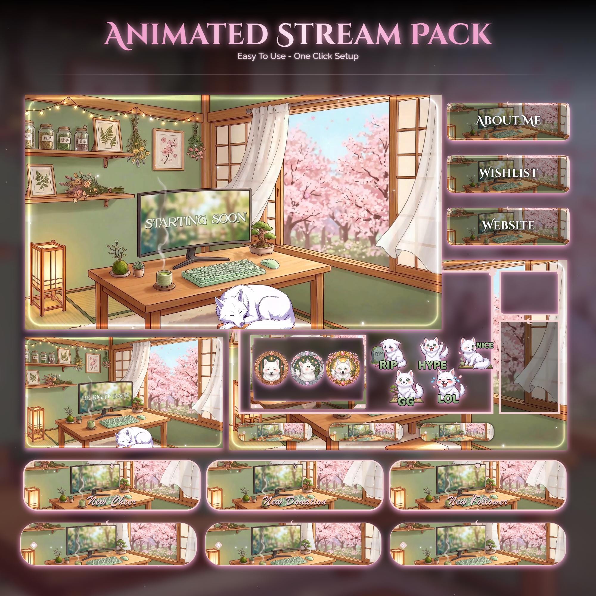 Sakura Wolf Setup Animated Stream Package: For Twitch Overlay, YouTube, Kick