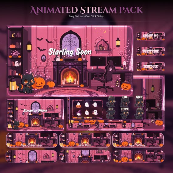 Spooky Animated Halloween Cat Room Twitch Full Stream Pack — animated seasonal stream overlay pack for Twitch, YouTube, Kick and TikTok, with Starting Soon, BRB and Ending screens, alerts and panels