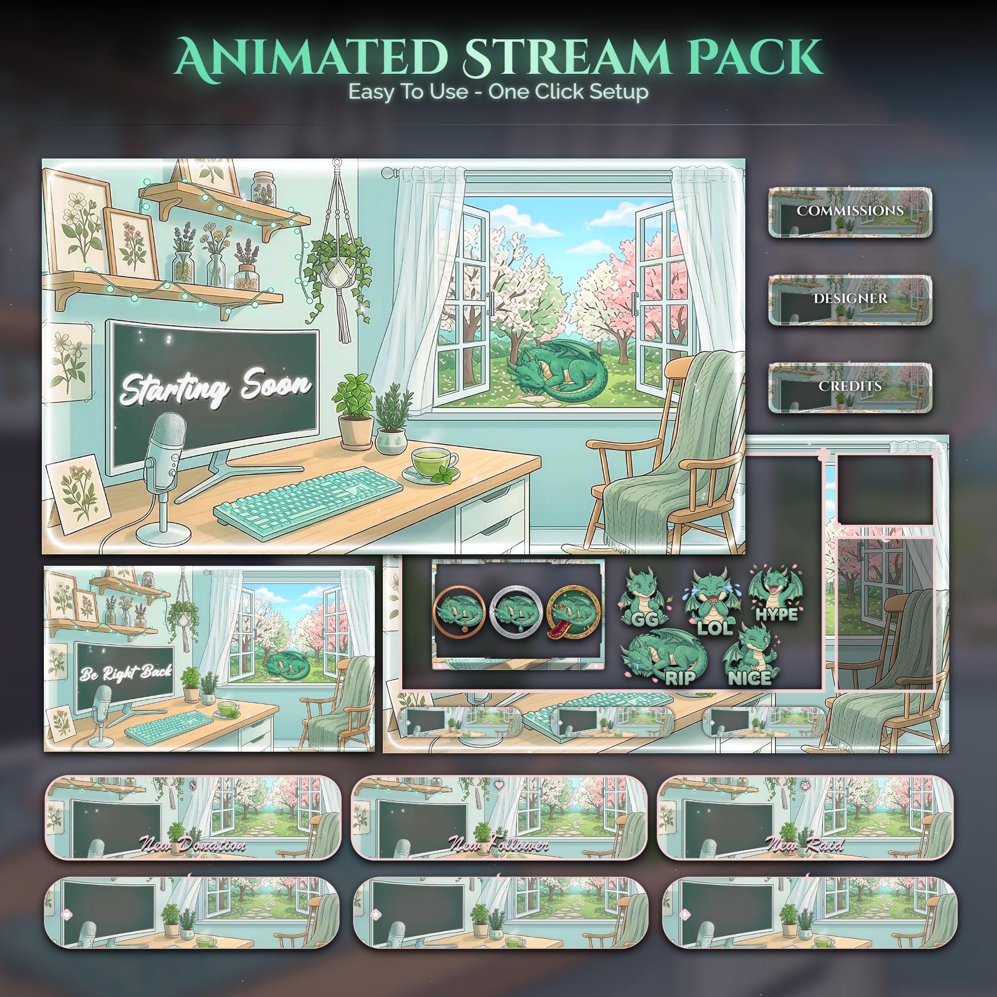 Matcha Dragon Animated Stream Package: For Twitch Overlay, YouTube, Kick