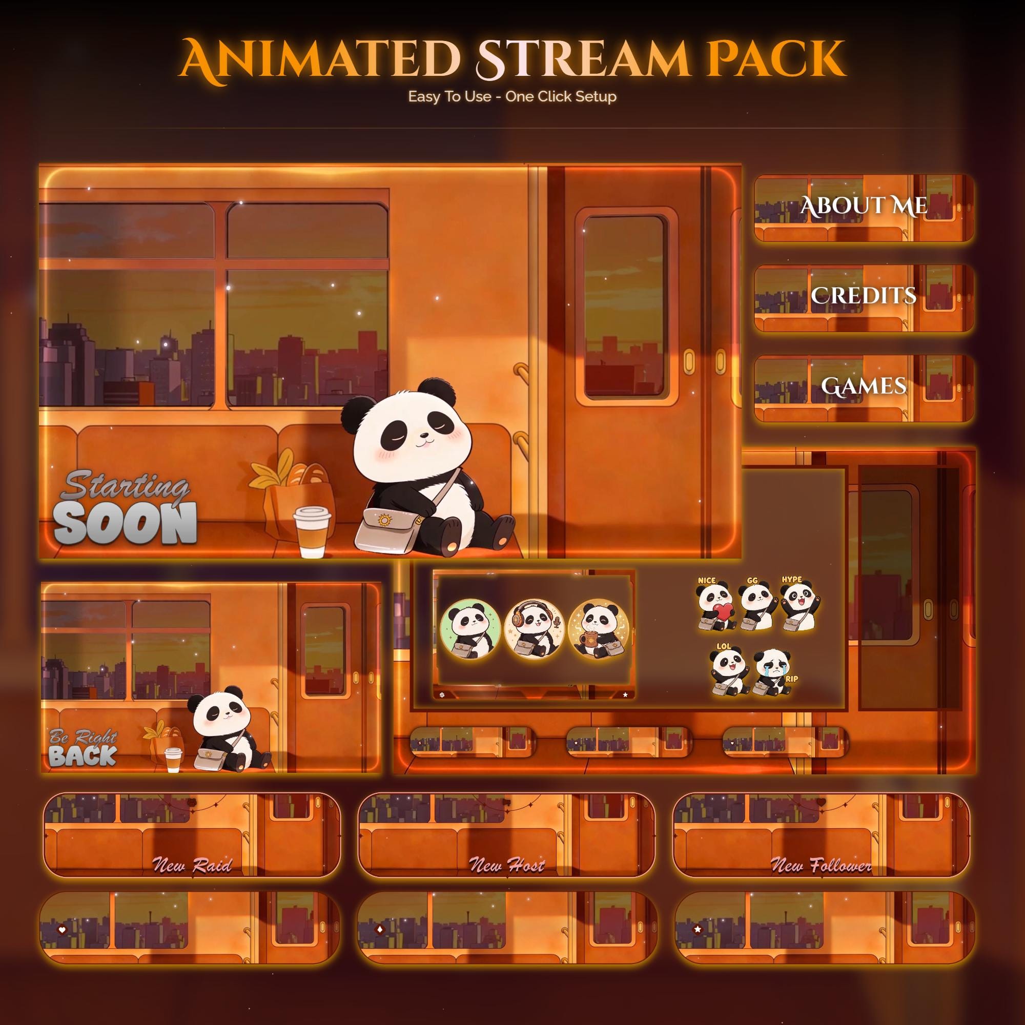 Train Sunset Panda Overlay Animated Stream Package: For Twitch, YouTube, Kick