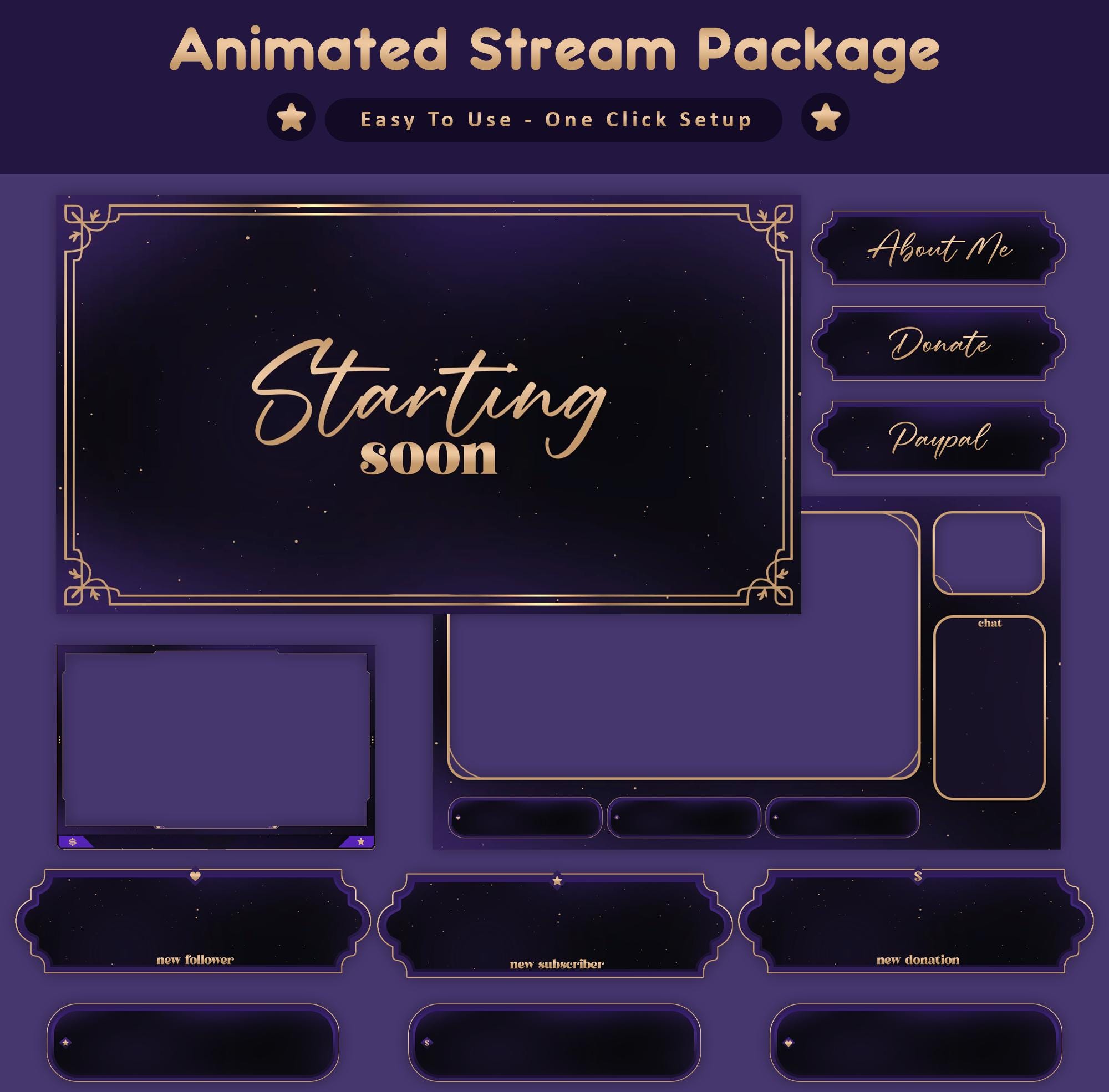 Royal Purple Night Animated Stream Package: Twitch Overlay, YouTube, Kick