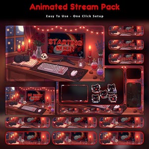 May include: An animated stream pack with a gothic theme. The pack includes overlays, panels, and alerts. The main image shows a desktop setup with a monitor displaying "Starting Soon". Other panels include "Contact", "About Me", and "Donate".