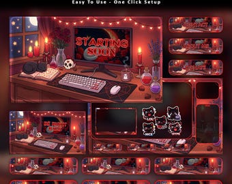 Midnight Cozy Cat Animated Stream Package: For Twitch Overlay, YouTube, Kick | Valentine Overlays