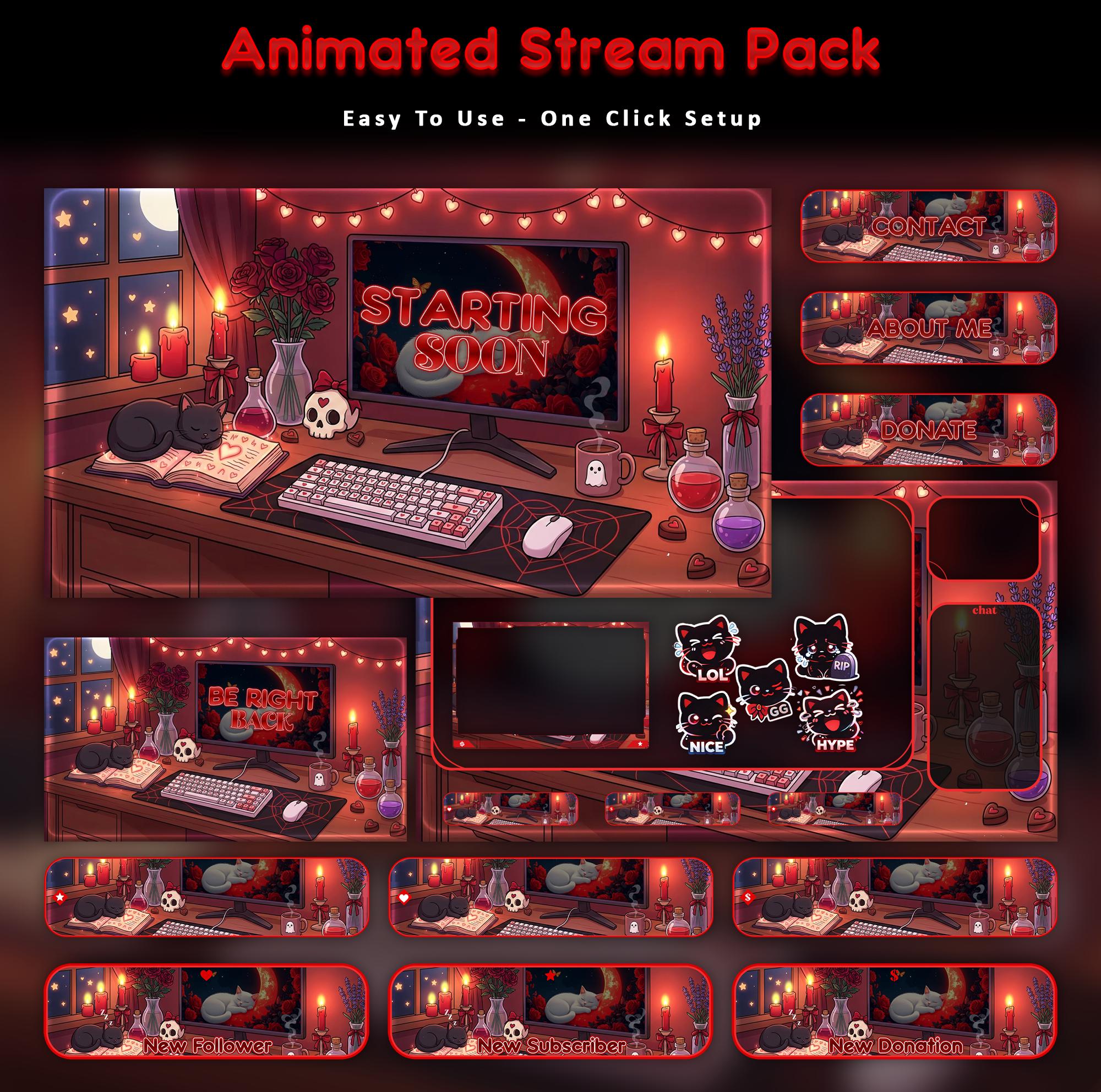 Midnight Cozy Cat Animated Stream Pack: Gothic Twitch Overlay (Digital Download)