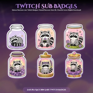 May include: A set of six digital Twitch sub badges featuring illustrations of raccoons inside glass jars. The raccoons are depicted with purple flowers, pink backgrounds, and gold jar lids. The text reads TWITCH SUB BADGES and SAKURA RACCOON JARS.