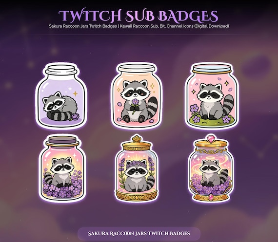 Sakura Raccoon Jars Twitch Badges — animated sakura and Japanese stream overlay pack for Twitch, YouTube, Kick and TikTok, with Starting Soon, BRB and Ending screens, alerts and panels