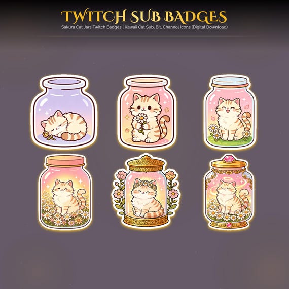 Sakura Cat Jars Twitch Badges — Orange Tabby — animated cat stream overlay pack for Twitch, YouTube, Kick and TikTok, with Starting Soon, BRB and Ending screens, alerts and panels