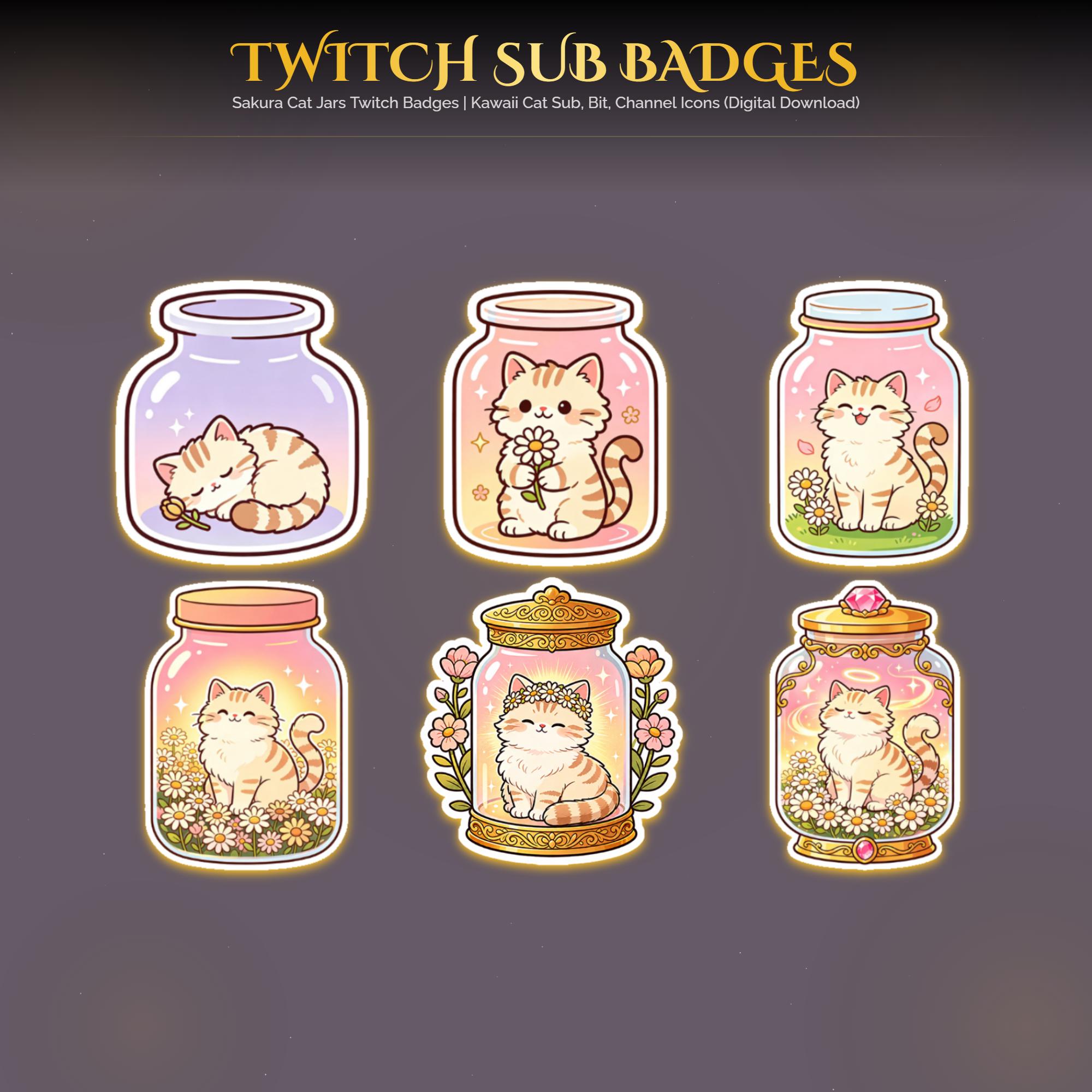 Sakura Cat Jars Twitch Badges — animated cat stream overlay pack for Twitch, YouTube, Kick and TikTok, with Starting Soon, BRB and Ending screens, alerts and panels