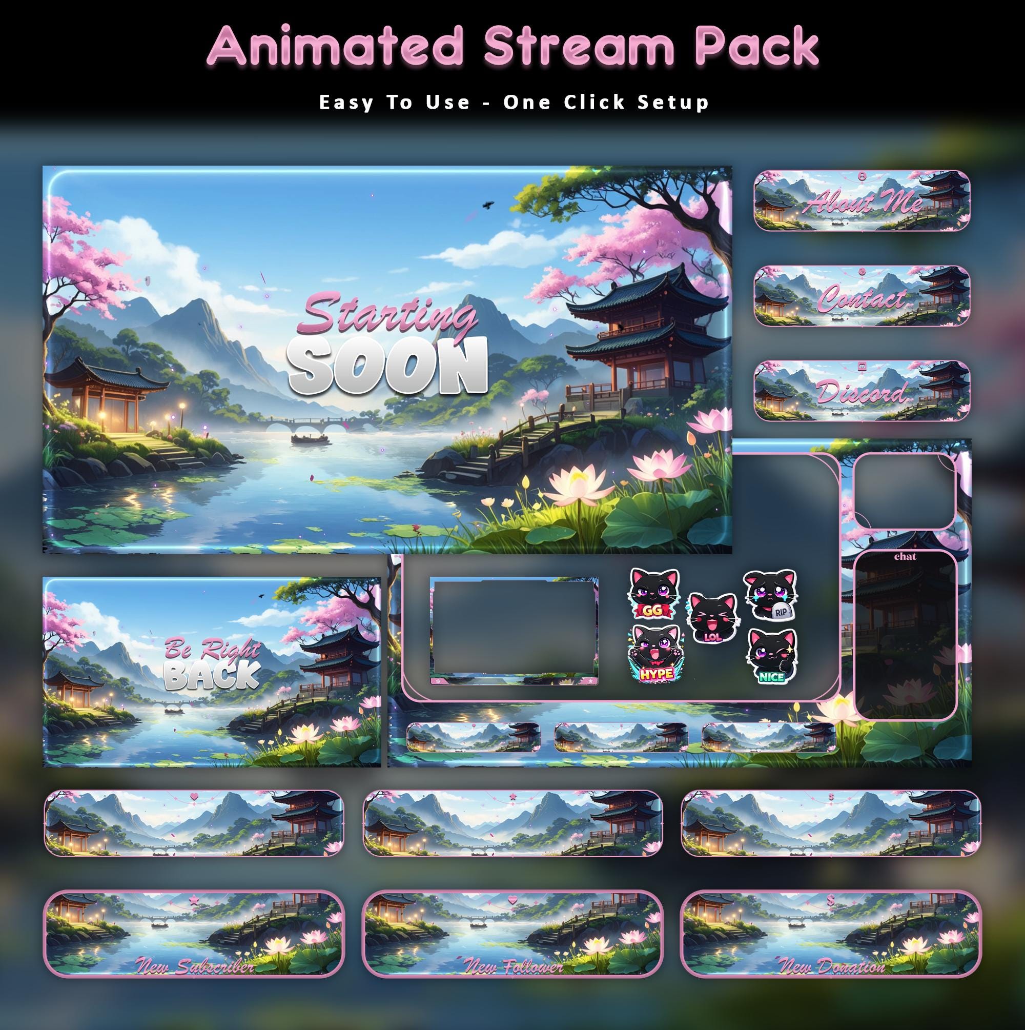 Mid-day Cats Sakura Animated Stream Package: Twitch Overlay, YouTube, Kick — preview photo 2