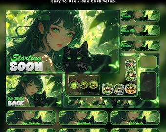 Green Anime Girl Black Cat Animated Stream Package: Twitch Overlay, YouTube, Kick | Nature Overlays