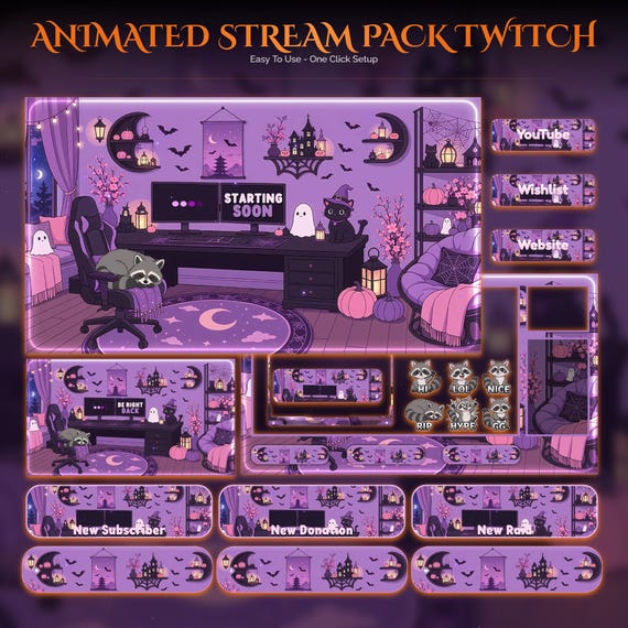 Animated Halloween Twitch Overlay Pack — Raccoon — animated seasonal stream overlay pack for Twitch, YouTube, Kick and TikTok, with Starting Soon, BRB and Ending screens, alerts and panels