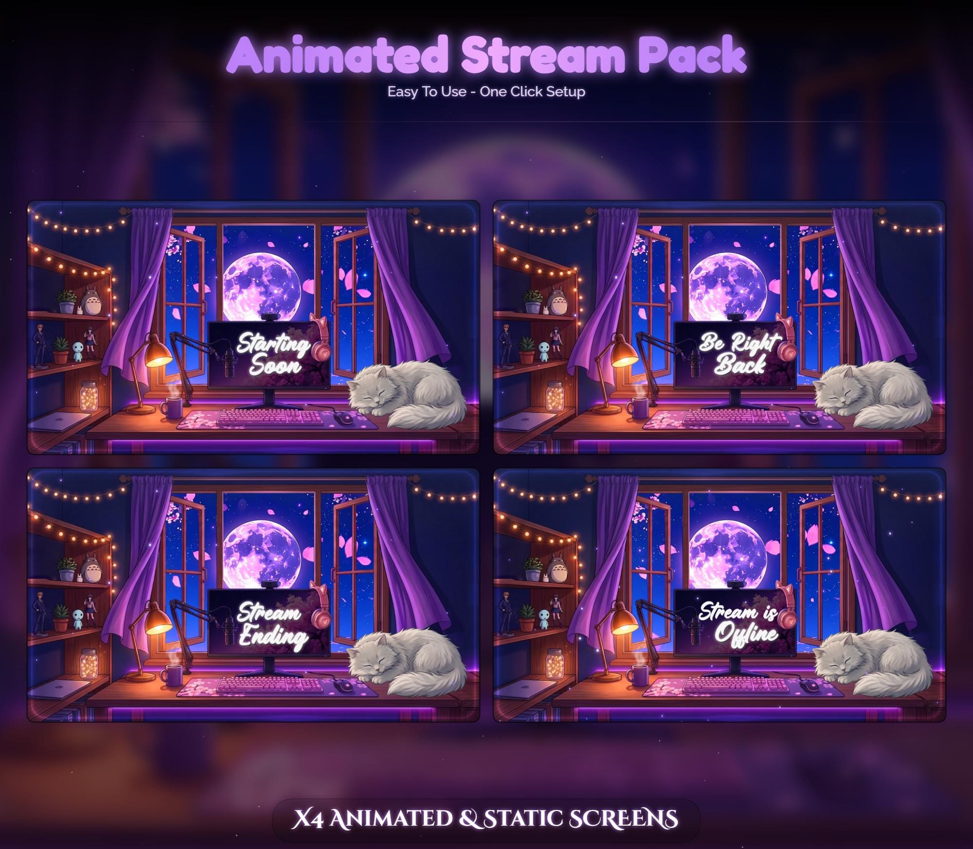 Cat Sakura Moon Setup Animated Stream Pack — preview photo 2