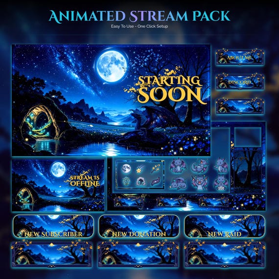 Dragons Magical Animated Stream Package - animated dragon stream overlay pack for Twitch, YouTube, Kick and TikTok, with Starting Soon, BRB and Ending screens, alerts and panels