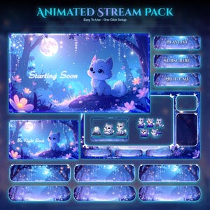 以下が含まれることがあります： 森をテーマにしたアニメーションストリームパック。 パックには、かわいい漫画のオオカミ、プレイリスト、購読、および私についてなどのボタン、およびその他のアニメーション要素が含まれています。 「Starting Soon」と「Be Right Back」のテキストも含まれています。