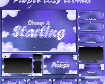 Purple Clouds Animated Stream Package: Twitch Overlay, Kick, Facecam, Panels, Alerts, Stream Overlays