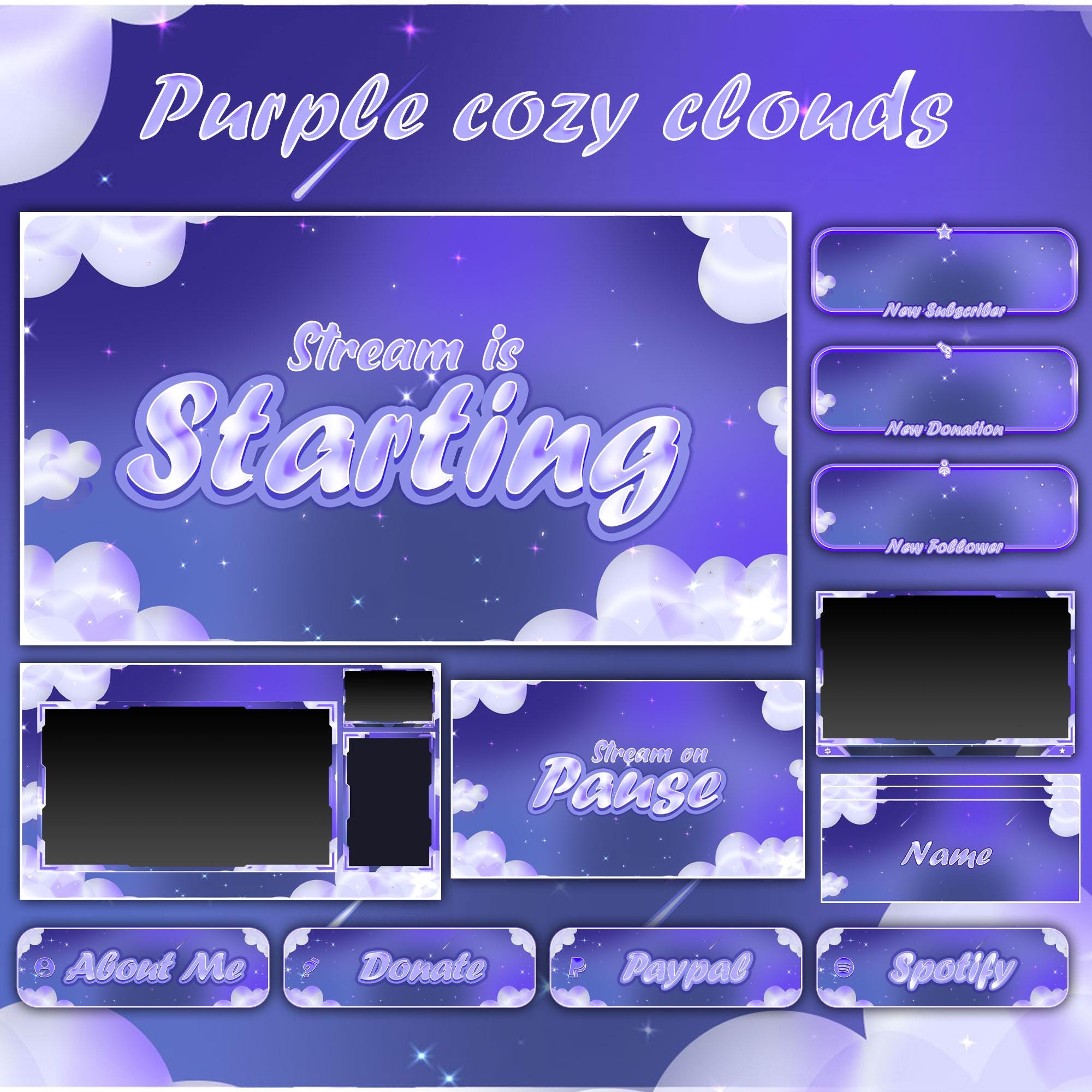 Purple Clouds Animated Stream Package: Twitch Overlay, Kick, Facecam, Panels, Alerts, Stream Overlays