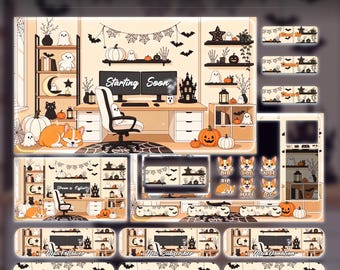 Minimalist Halloween Twitch Overlay Pack Animated | Cute Corgi Cream Office Stream Bundle | Beige Ghost Bat Screens Alerts