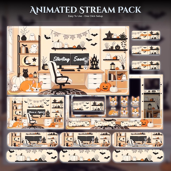 Minimalist Halloween Twitch Overlay Pack Animated — animated seasonal stream overlay pack for Twitch, YouTube, Kick and TikTok, with Starting Soon, BRB and Ending screens, alerts and panels