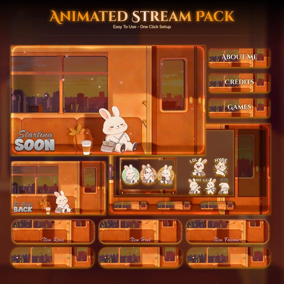 Train Sunset Rabbit Overlay Animated Stream Package — animated frog and woodland animal stream overlay pack for Twitch, YouTube, Kick and TikTok, with Starting Soon, BRB and Ending screens, alerts and panels