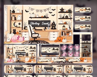Minimalist Halloween Twitch Overlay Pack Animated | Cute Axolotl Cream Office Stream Bundle | Beige Ghost Bat Screens Alerts