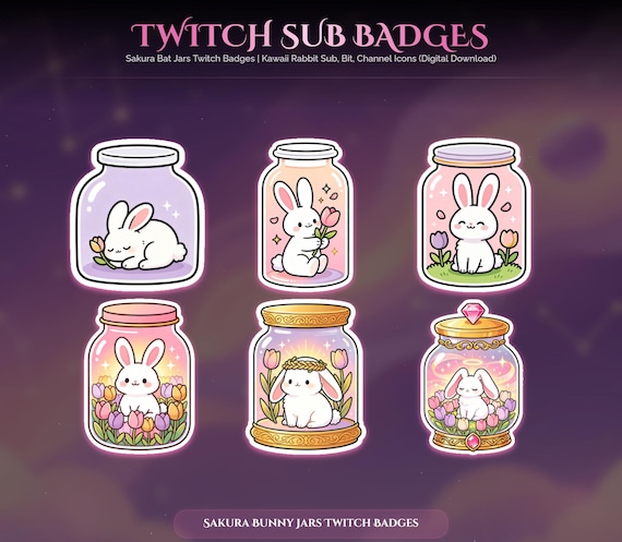 Sakura Bunny Jars Twitch Badges — animated sakura and Japanese stream overlay pack for Twitch, YouTube, Kick and TikTok, with Starting Soon, BRB and Ending screens, alerts and panels