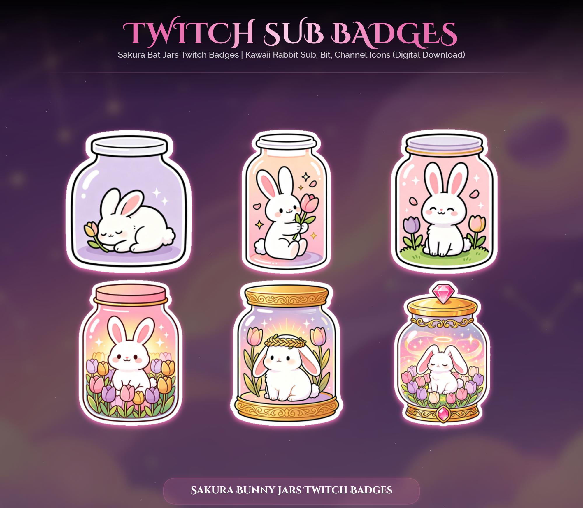 Sakura Bunny Jar Twitch Badges — animated sakura and Japanese stream overlay pack for Twitch, YouTube, Kick and TikTok, with Starting Soon, BRB and Ending screens, alerts and panels