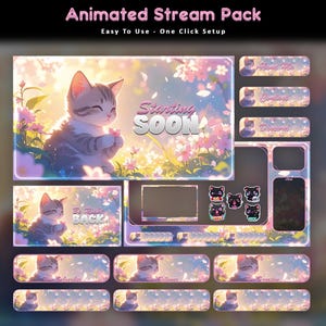 Peut inclure: Un pack de stream animé avec une illustration de chat mignon dans un cadre floral. Le pack comprend divers éléments de superposition tels que "Starting Soon", "Be Right Back" et des boutons de médias sociaux. Le texte "Animated Stream Pack" et "Easy To Use - One Click Setup" sont également visibles.